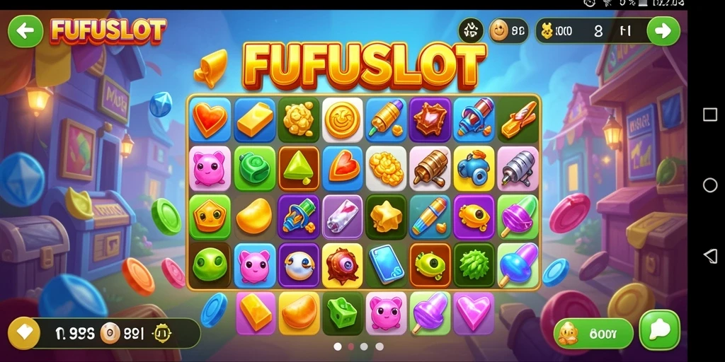 Gameplay FUFUSLOT dan aksi mencocokkan tiga yang seru.