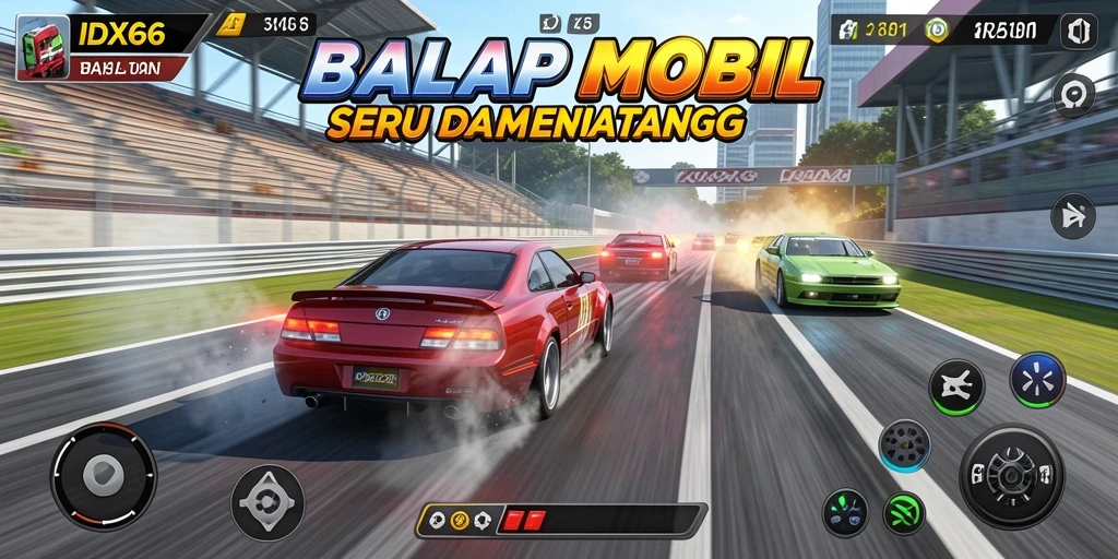 Tampilan gameplay IDX66 yang menegangkan dengan mobil balap melaju kencang.