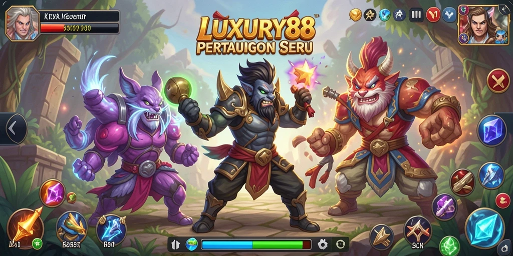 Gameplay LUXURY88 menampilkan pertarungan intens antar karakter yang memukau.
