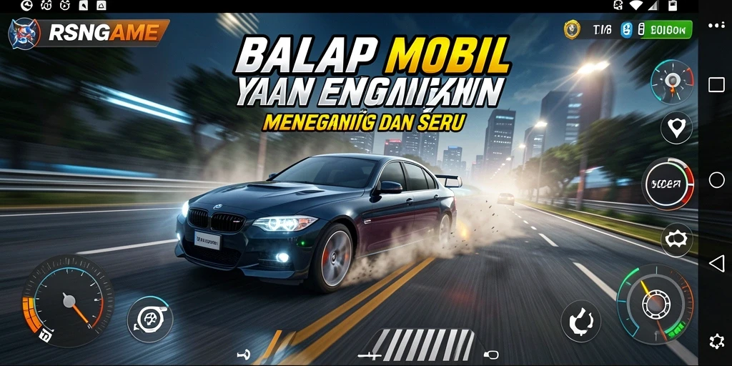 Tampilan gameplay RSNGAME yang mendebarkan dengan mobil balap melaju cepat.