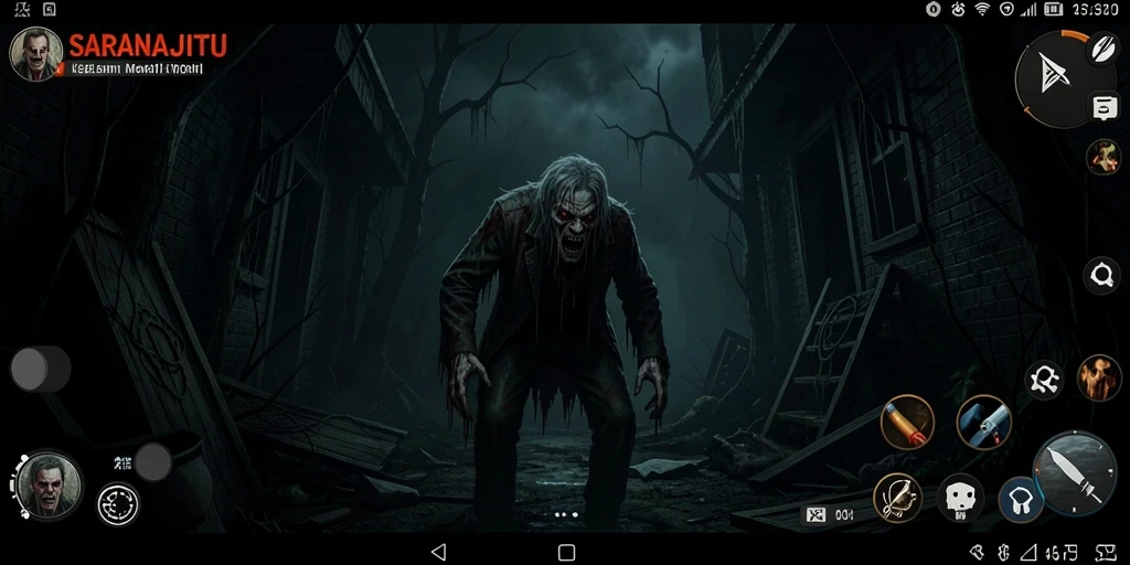 Tampilan gameplay menegangkan dari SARANAJITU yang penuh kegelapan.