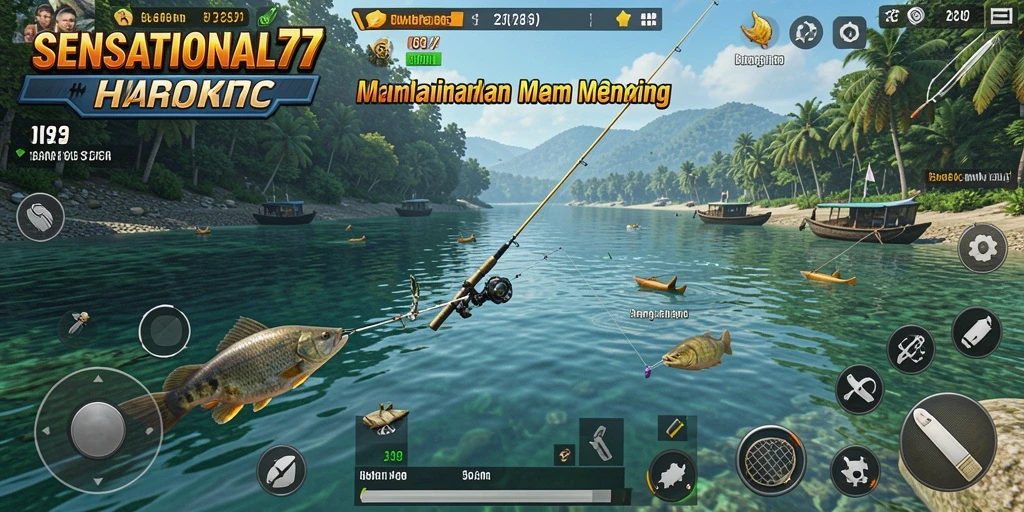 Screenshot gameplay SENSATIONAL77 menampilkan momen menangkap ikan.
