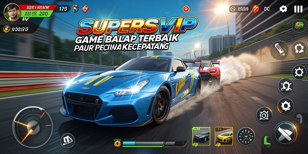 Tampilan gameplay balap SUPERSVIP yang penuh aksi dan kecepatan.