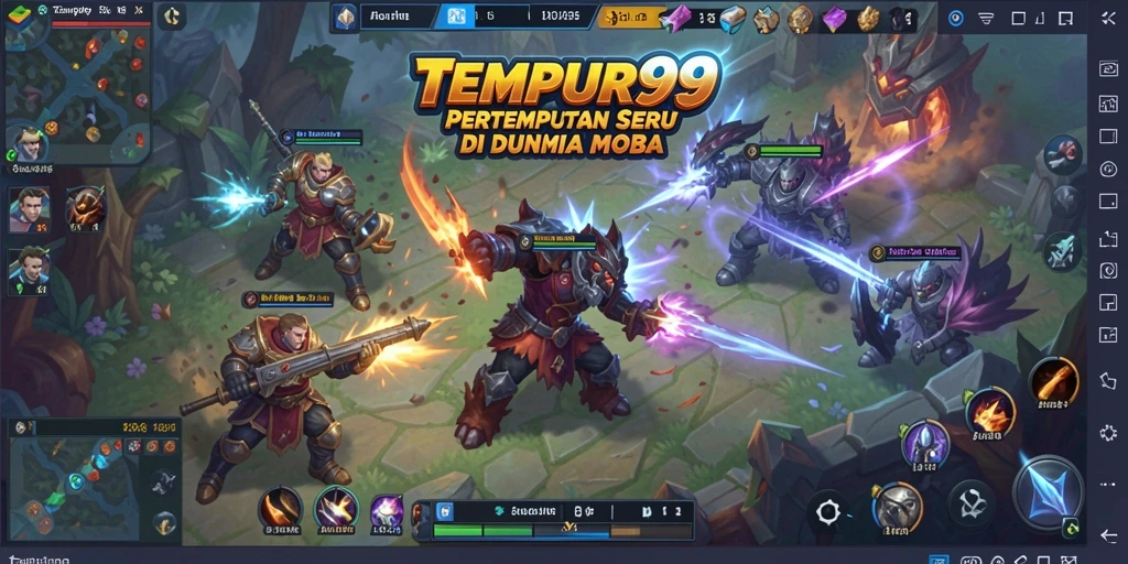 Screenshot gameplay MOBA dengan pertempuran seru.